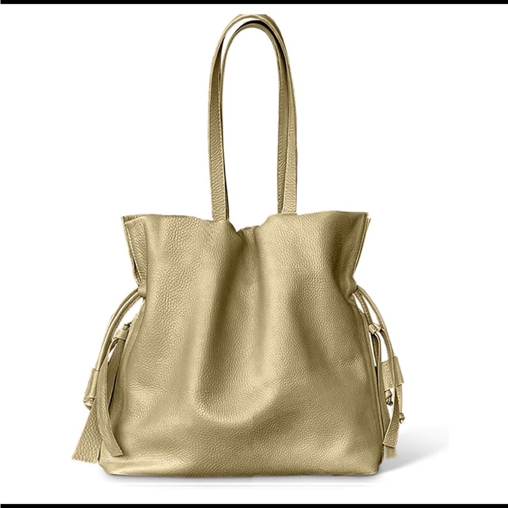 Tote Le Monde Champagne Gold Roma Cinch Soft Pebbled Leather Bag Purse - Nice!